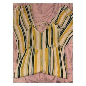 francesca’s yellow and green striped romper/jumpsuit, size S